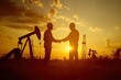 Silhouette of two engineers handshaking in front of oil pump. 