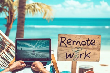 Wall Mural - A man working from the beach with laptop. Remote work concept.