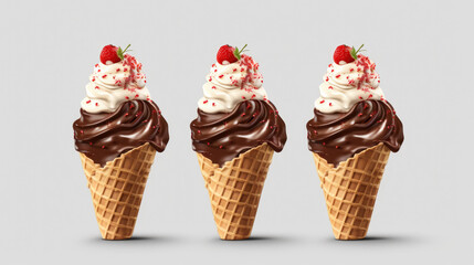 Wall Mural - Three ice cream cones with delicious chocolate and strawberry toppings. Perfect for summer treats and dessert lovers