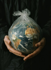 Wall Mural - Globe, earth and garbage bag mockup for environment, climate change and pollution concept. Hand holding the planet in plastic for eco system background, awareness poster and protection wallpaper