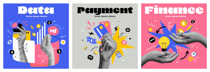 Contemporary collage with hands in different business situations, money and abstract shapes. Grunge banner of financial planning. Vector illustration