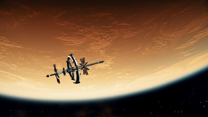Wall Mural - new big space station fly over red planet. 3d animation. 4k.