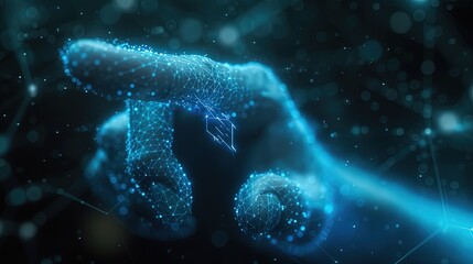Poster - A digital representation of a human hand interacting with a virtual interface, depicting connectivity and technology integration.