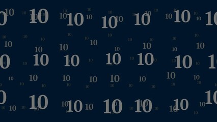 Poster - Number ten symbols float horizontally from left to right. Parallax fly effect. Floating symbols are located randomly. Seamless looped 4k animation on dark blue background