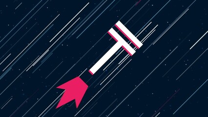 Poster - Tenge symbol flies through the universe on a jet propulsion. The symbol in the center is shaking due to high speed. Seamless looped 4k animation on dark blue background with stars