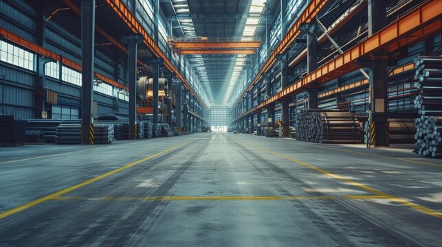 steel pipe product, row of shelf and concrete floor inside large warehouse building, factory or store. Concept of metallurgy industry, steel production, engineering and manufacturing.