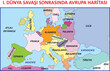 Map of Europe after World War I. Translate: Atlantic Ocean, England, France, Portugal, Spain, Mediterranean, Morocco, Algeria, Tunisia, Germany, Poland, Norway, Yugoslavia, Bulgaria...