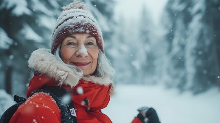 Canvas Print - Portrait of beautiful senior woman in winter park. Snowfall.