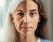 face divided into two halves, half of a young girl and half of an old woman. The concept of aging