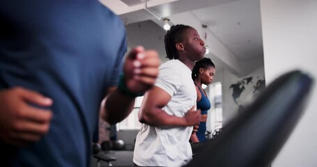 Sticker - Group, workout and running on treadmill in gym for fitness, training and exercise with accountability. Strong Black people or active runner on stationary machine for cardio, speed and body endurance