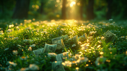 Wall Mural - Money growing on green grass.