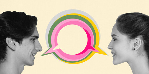 Young people, man and woman facing each other with a colorful speech bubble symbol between them and talking. Contemporary art collage. Concept of communication, social connections