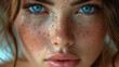 Woman face with skin freckle.