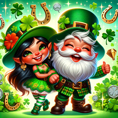 St Patrick lucky Gnome Illustration, shamrock, golden coin, beer, party
