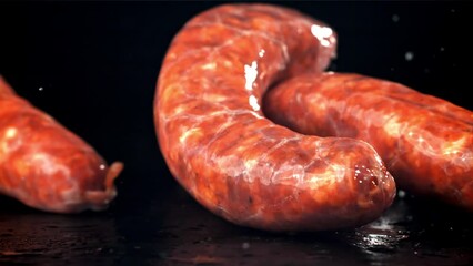 Wall Mural - Fresh sausages fall on a wet black table. Filmed on a high-speed camera at 1000 fps. High quality FullHD footage