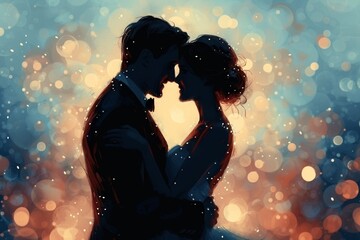 Sticker - In a romantic silhouette, a newlywed couple shares a passionate kiss under a starlit sky.