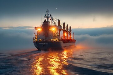 A vessel equipped with strong cranes is sailing in tranquil conditions on the ocean.