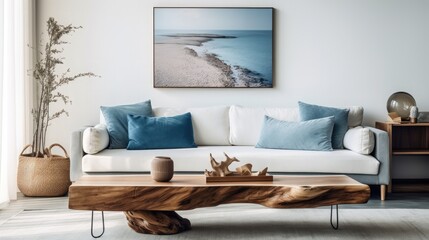 Live edge accent coffee table near white sofa with blue pillows against wall with big poster frame. Coastal home interior design of modern living room