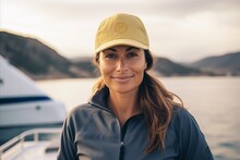 Portrait Of A Beautiful Woman In A Cap On A Yacht.