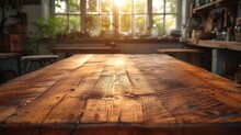 Aged Wooden Table In Workshop Setting With Vintage Aesthetic, Captured In A Photo With Natural Lighting And Contrasting Shadows.