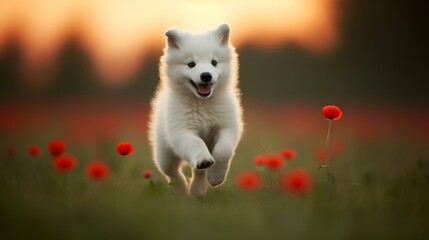 Canvas Print - White puppy romping through a field of red flowers, AI-generated.