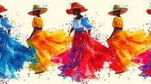 A Group Of Women In Colorful Dresses And Hats Walking Down A Street, AI