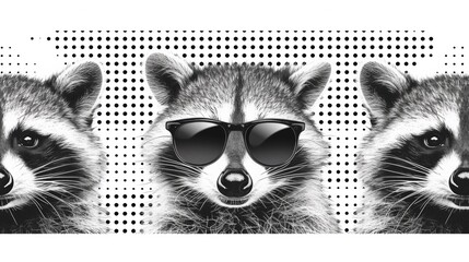 Canvas Print - Three raccoons wearing sunglasses and one of them has a hat, AI