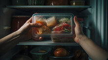 A scene of the hands taking out a plastic container containing food from the refrigerator ,Frozen foods ,   lunch