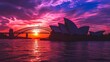 Sydney Opera House and Sydney Harbour Bridge at sunset, Australia. A breathtaking photograph capturing the iconic Sydney Opera House and Harbor Bridge silhouetted against a vibrant sunset sky. 