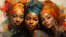 Close Up Of Black African American Women In Headscarves Watercolor Style