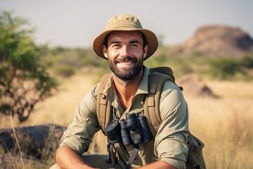 Sticker - Portrait of a happy hiker with binoculars sitting in the wilderness