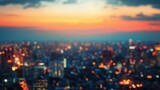 Fototapeta  - Bright glowing lights of district in megapolis under dusk sky in evening on blurred background   