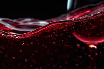 Close-up of red wine swirling in a clear glass against a dark background