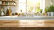 Empty beautiful wood table top counter and blur bokeh modern kitchen interior background in clean and  bright,Banner, Ready for product montage  