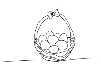 Basket with eggs. One line drawing vector illustration for Easter.