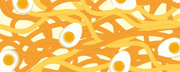 Wall Mural - Noodle Ramen Pattern with egg background. Pasta food texture spaghetti geometric. Abstract ramen ornament. Flat vector illustration. Wave texture background