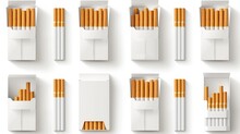 Pack Or Packet Of Cigarettes Open, Closed, Empty, Filled Realistic Mockups Set. Copy Space. Place For Image. Front View. Vector Smoking Templates Collection Isolated On White Background.   
