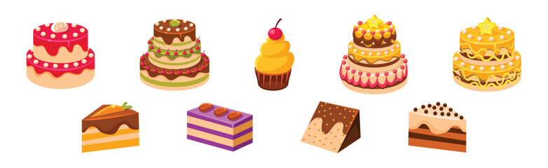 Poster - Sweet Cake and Cupcake Dessert with Cream Vector Set