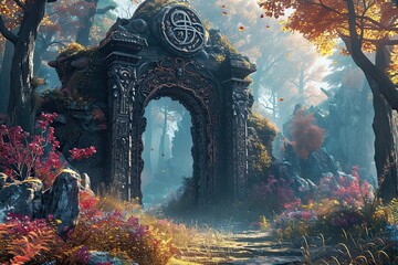 Poster - Stunning portal adorned with Viking rune, forest landscape