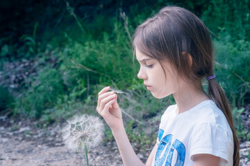 Wall Mural - Closeup portrait of a beautiful little girl on the background of a green field with a big dandelion in her hand