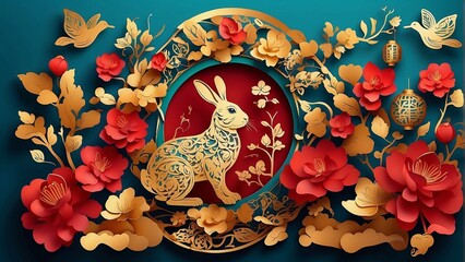 Happy chinese new year 2023 year of the rabbit zodiac sign with flower,lantern,asian elements gold paper cut style on color Background.