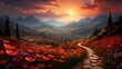 Landscape with red poppies and path in the mountains at sunset