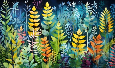 Wall Mural - A stylized illustration of forest plants, rendered in the rich and vibrant medium of gouache paint