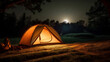 camping tent illuminated from within, creating a warm, inviting glow against the backdrop of a starry night