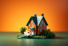 A Small, Detailed Replica Of A House Paired With Keys Signifies Property Ownership, Set A Green Background.