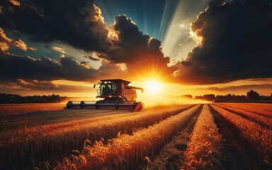 Wall Mural - Combine harvester harvesting ripe wheat on big wheat field and tractor