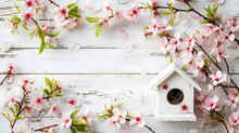 Birdhouse On A White Isolated Background With Flowering Branches