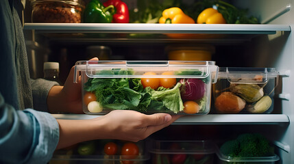 View of man taking out a  packed lunch in a transparent plastic box  from  refrigerator 
