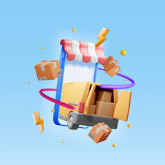 Poster - 3D Delivery Van and Cardboard Boxes in Smartphone. Render Express Delivering Services Commercial Truck. Concept of Fast and Free Delivery by Car. Cargo and Logistic. Realistic Vector Illustration