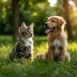 © Artsaba Family - A kitten and a puppy sitting together on grass, bathed in soft sunlight, showcasing a moment of animal friendship.